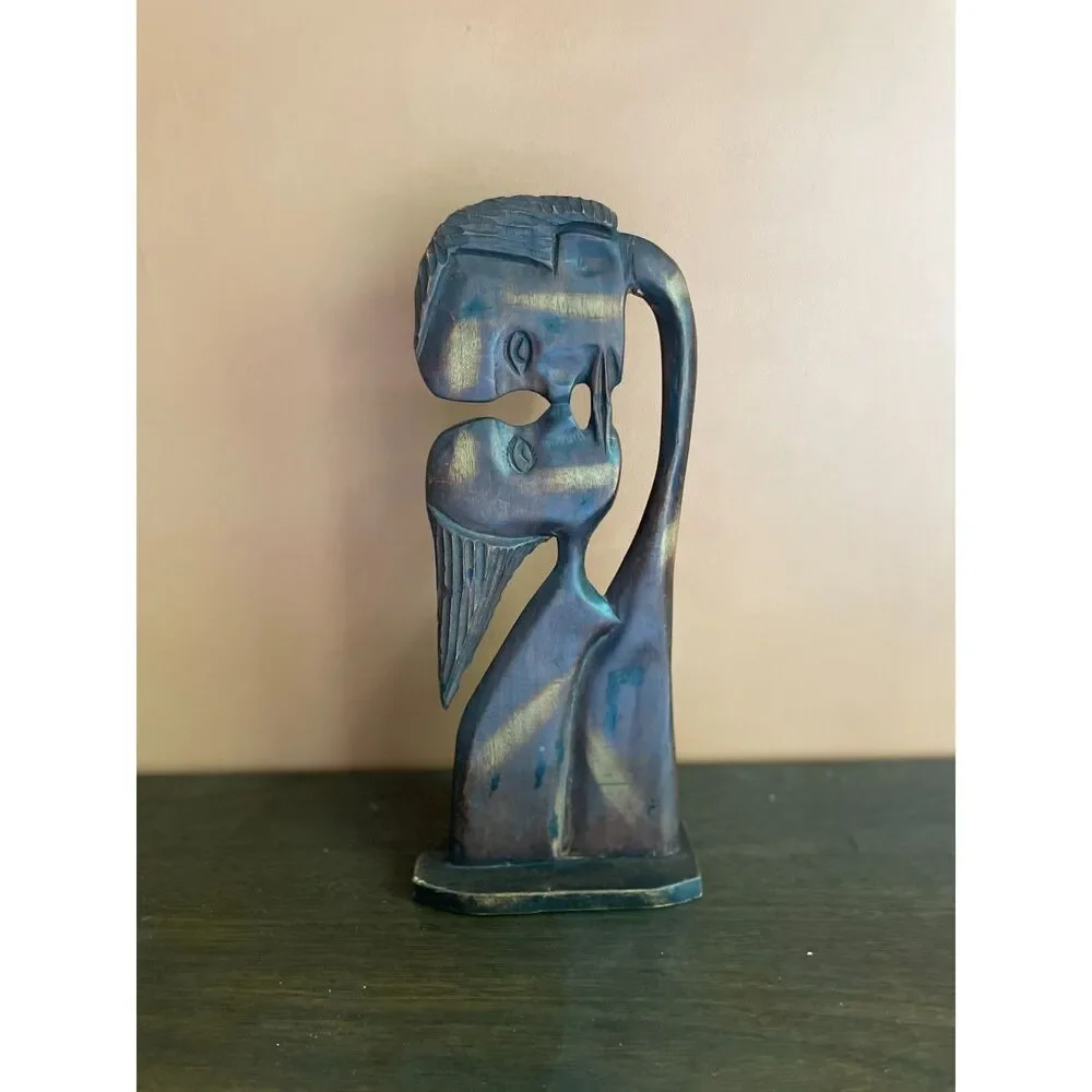 Vintage Hand Carved romantic Lovers Sculpture 15” Couple Folk Art Boho Decor